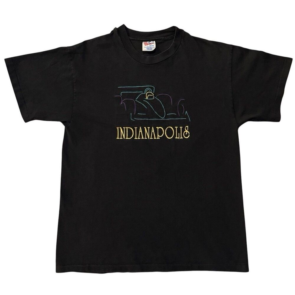 Vintage 90s Hanes Heavyweight Indianapolis 500 Embroidered Indy Car T‑Shirt L